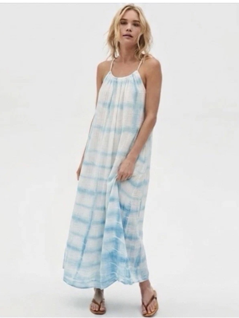 Michael Stars Naomi Gauze Tie Dye Maxi Dress Aqua Blue White XS NWOT